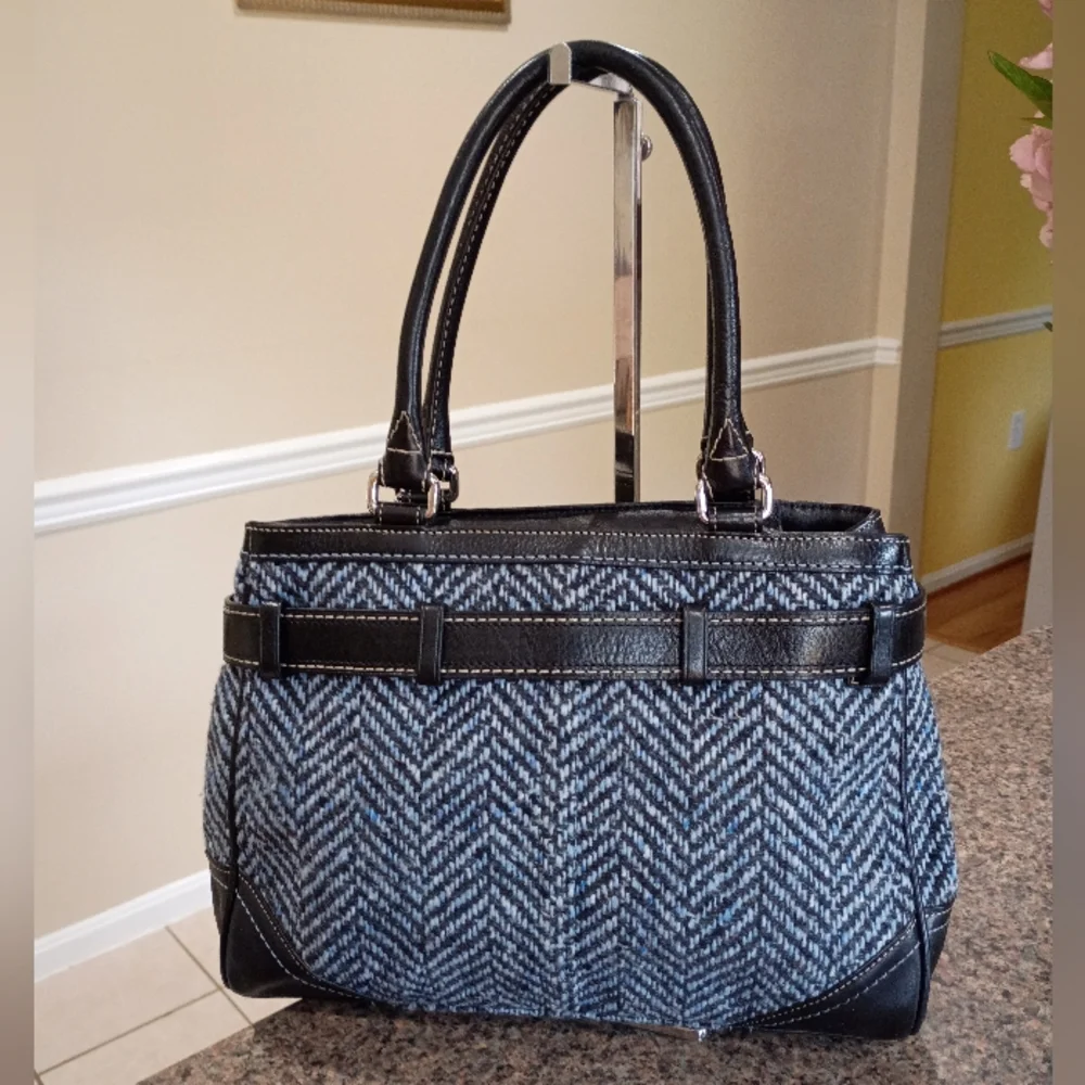 Coach Hampton Blue Black Wool Tweed Leather Trim Satchel - Picture 5 of 15